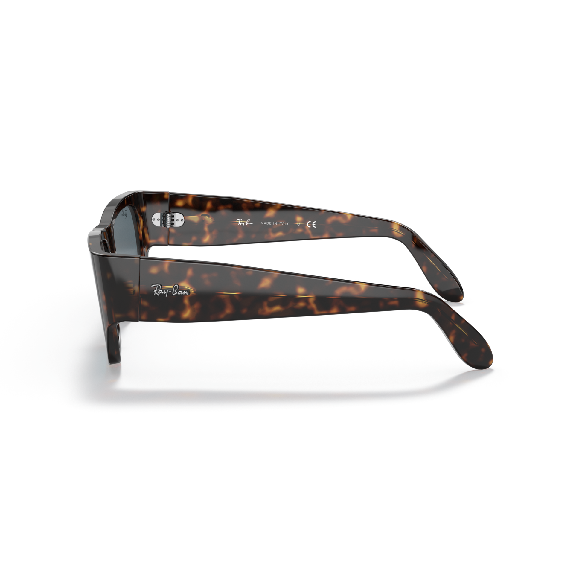 Tortoiseshell sunglasses with 'Ray-Ban' branding on a white background Polished Tortoise + Blue