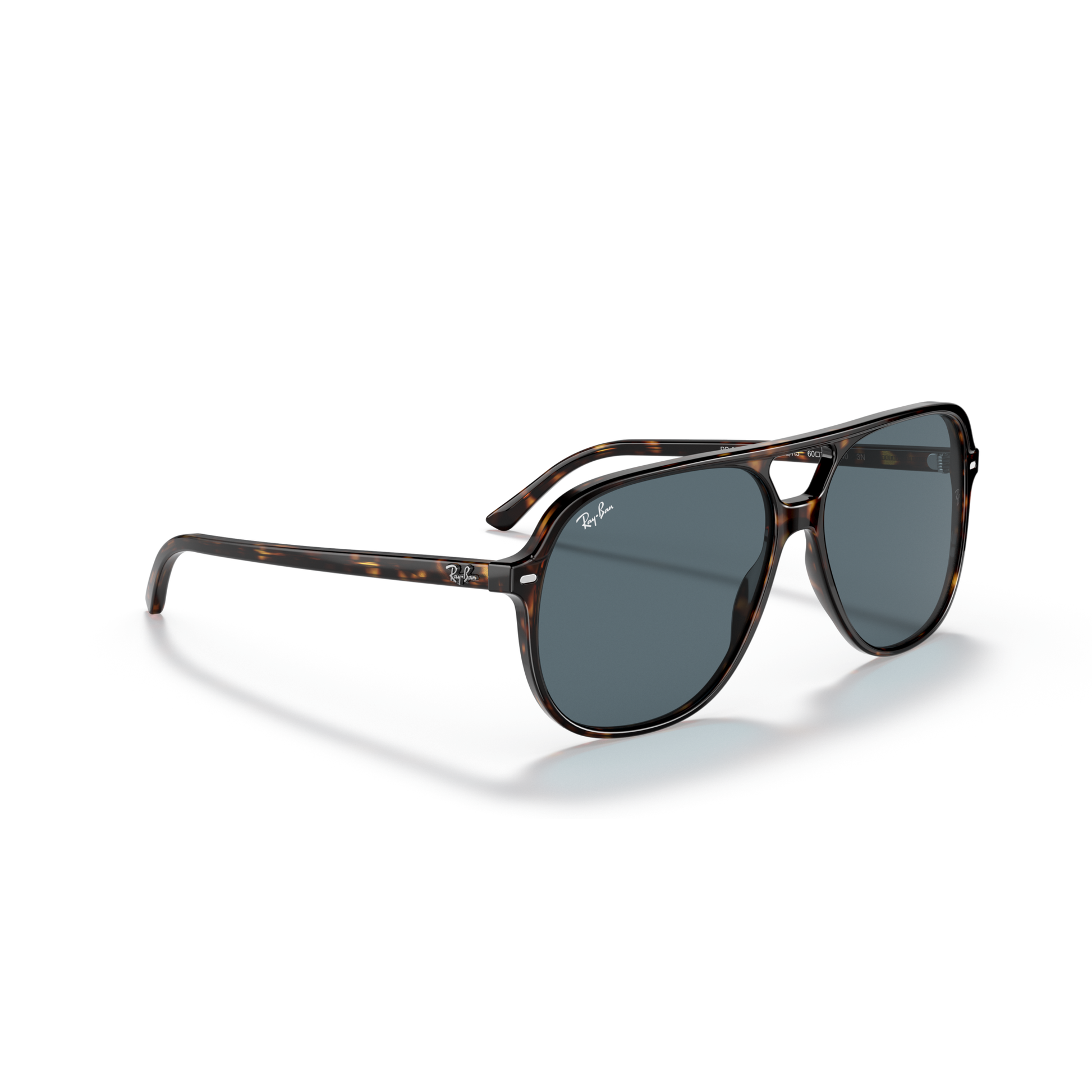 Sunglasses with tortoiseshell frame and dark lenses on a white background Polished Havana + Blue