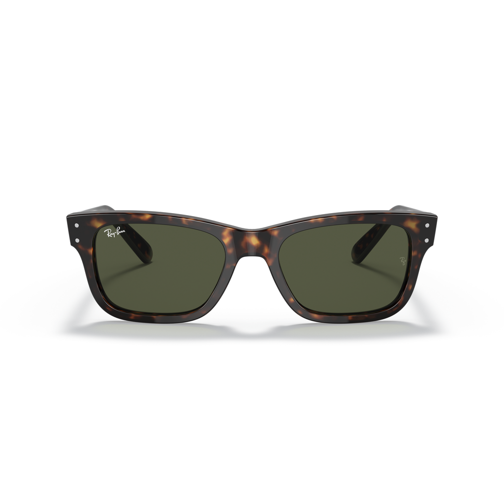 Sunglasses with tortoiseshell frame and dark lenses on a white background Polished Havana + G-15 Green