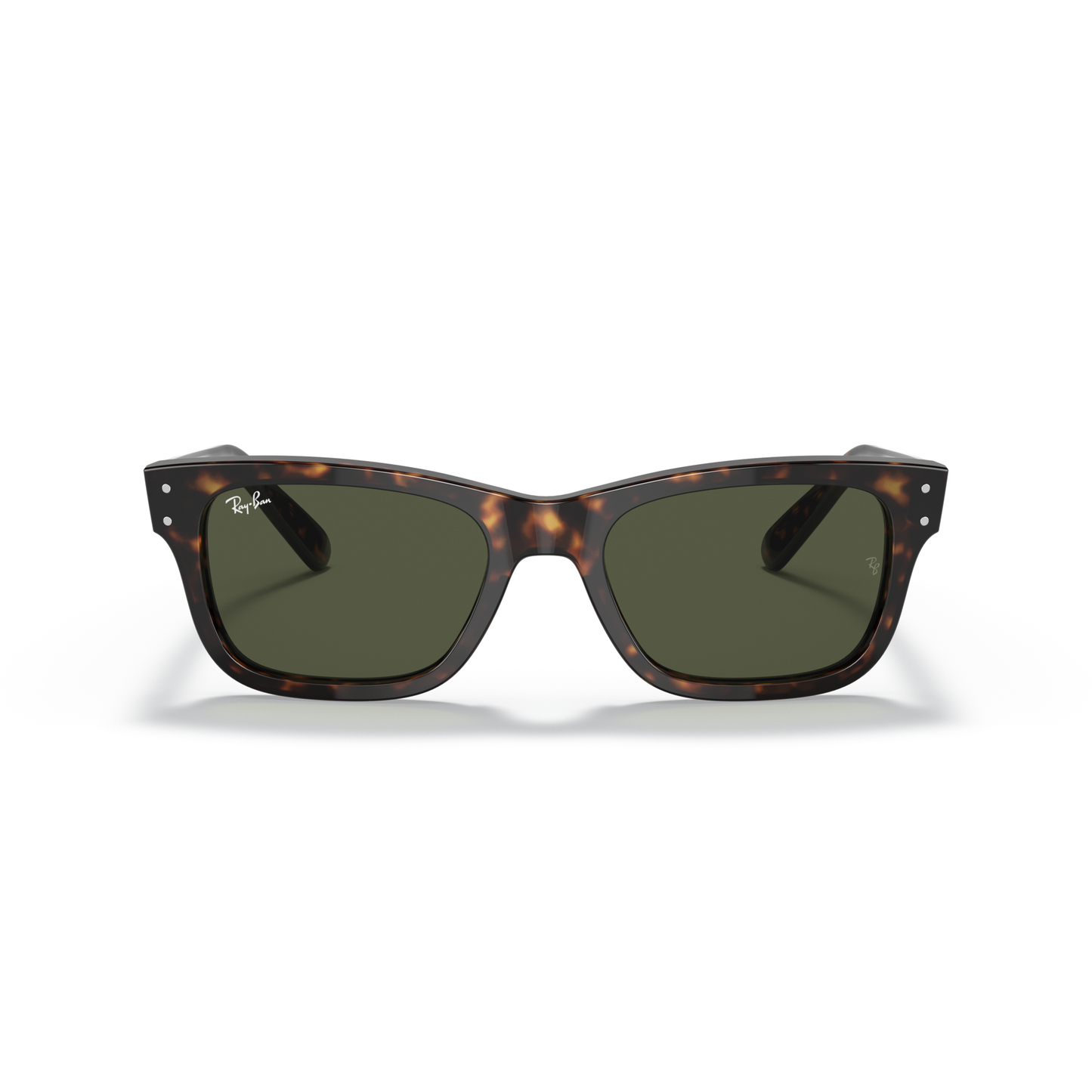 Sunglasses with tortoiseshell frame and dark lenses on a white background Polished Havana + G-15 Green
