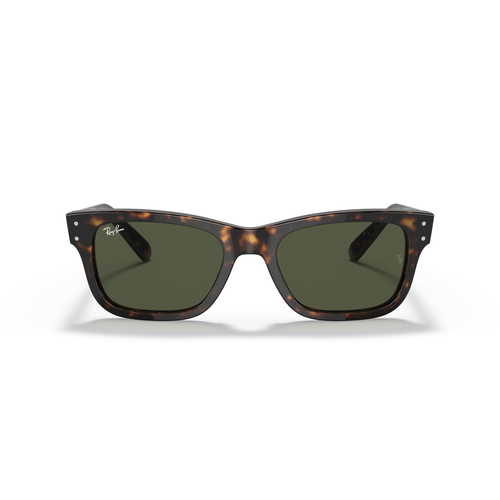 Sunglasses with tortoiseshell frame and dark lenses on a white background Polished Havana + G-15 Green