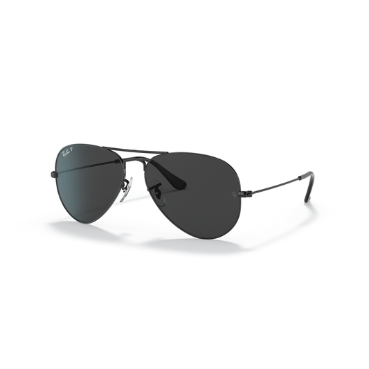 Black sunglasses with reflective lenses on a white background Polished Black + Black Polarised
