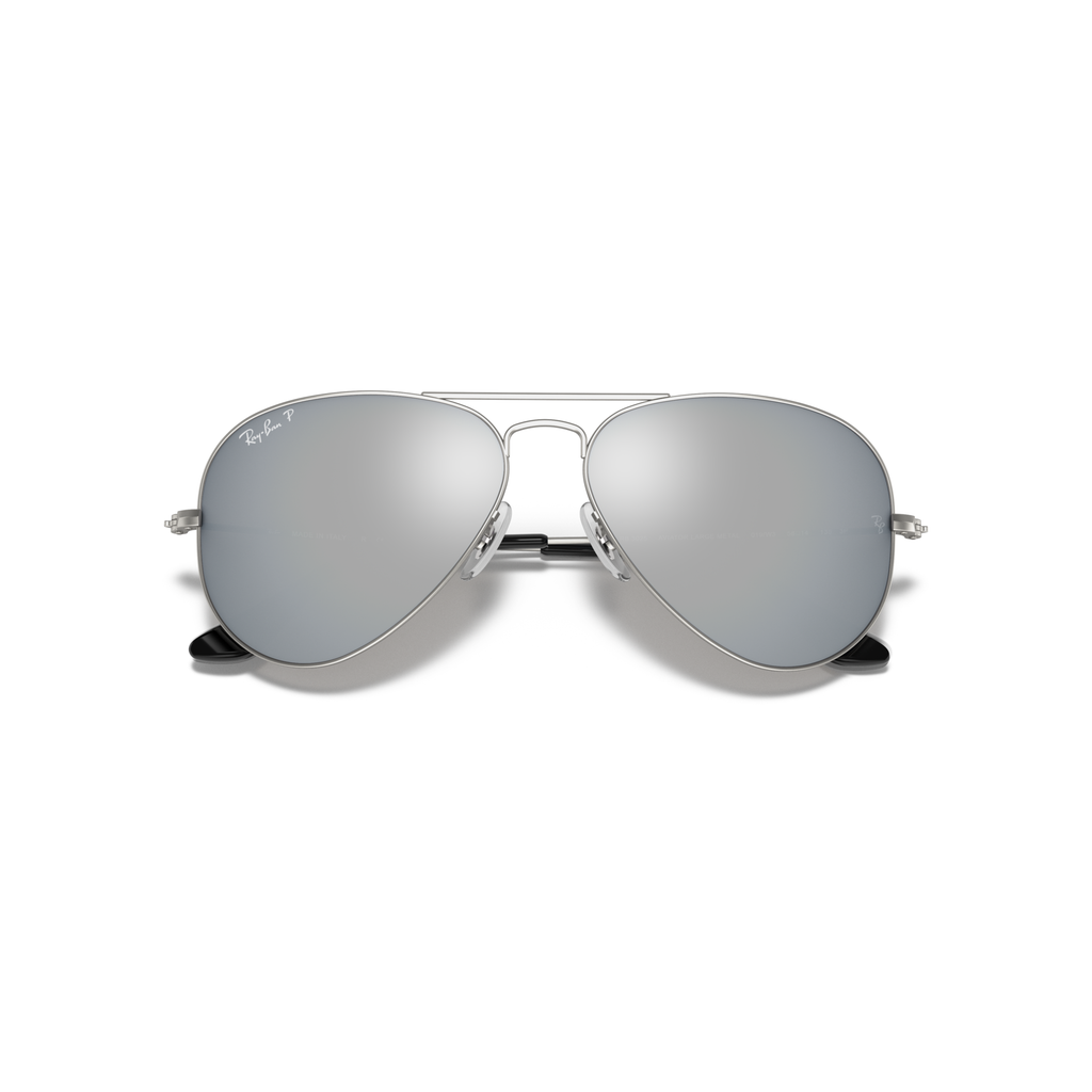 Silver aviator sunglasses with reflective lenses on a white background Matte Silver + Dark Grey Mirror Polarised
