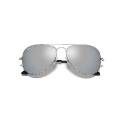 Silver aviator sunglasses with reflective lenses on a white background Matte Silver + Dark Grey Mirror Polarised