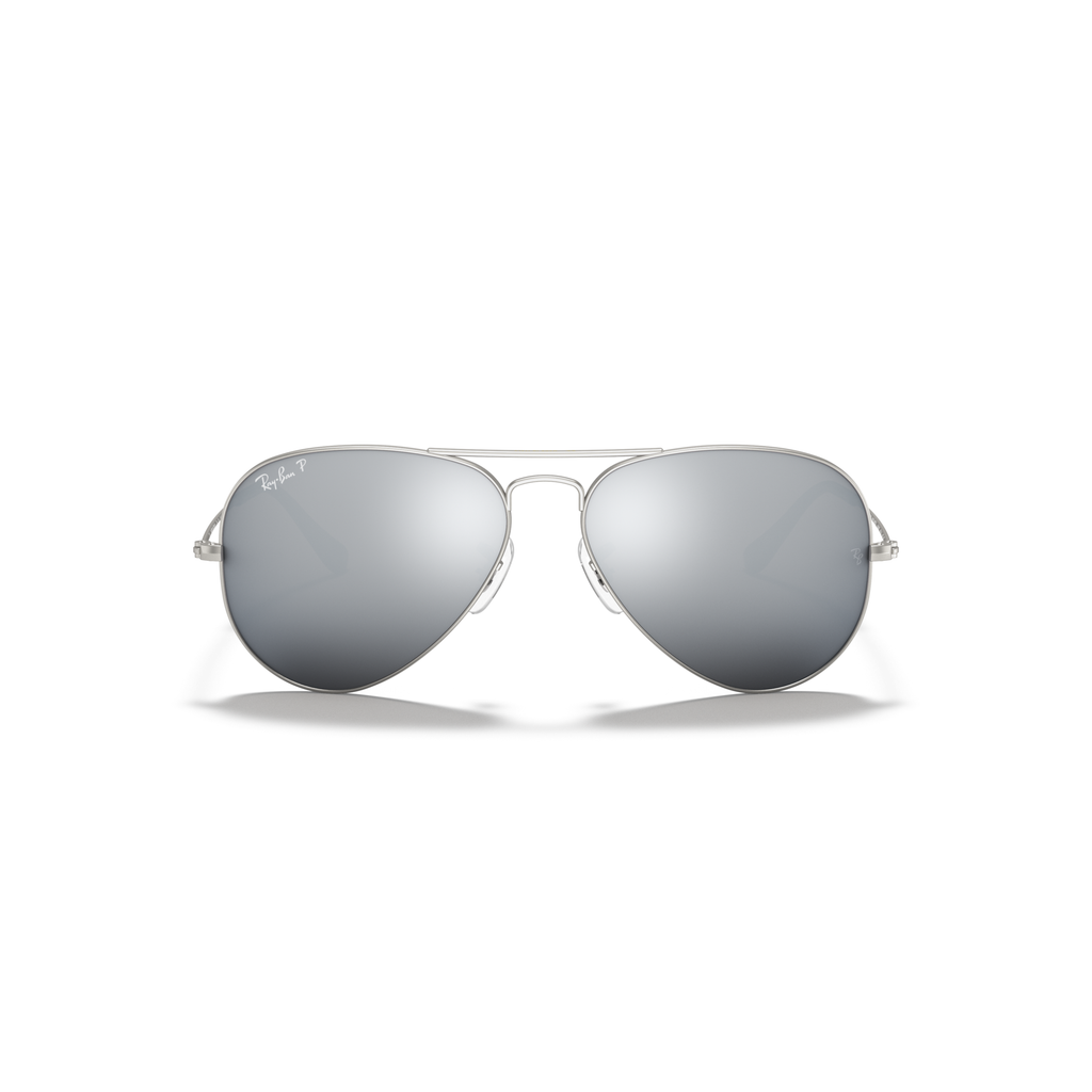 Silver sunglasses with reflective lenses on a white background Matte Silver + Dark Grey Mirror Polarised