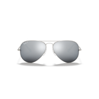 Silver sunglasses with reflective lenses on a white background Matte Silver + Dark Grey Mirror Polarised