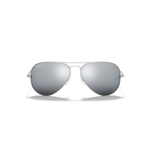 Silver sunglasses with reflective lenses on a white background Matte Silver + Dark Grey Mirror Polarised