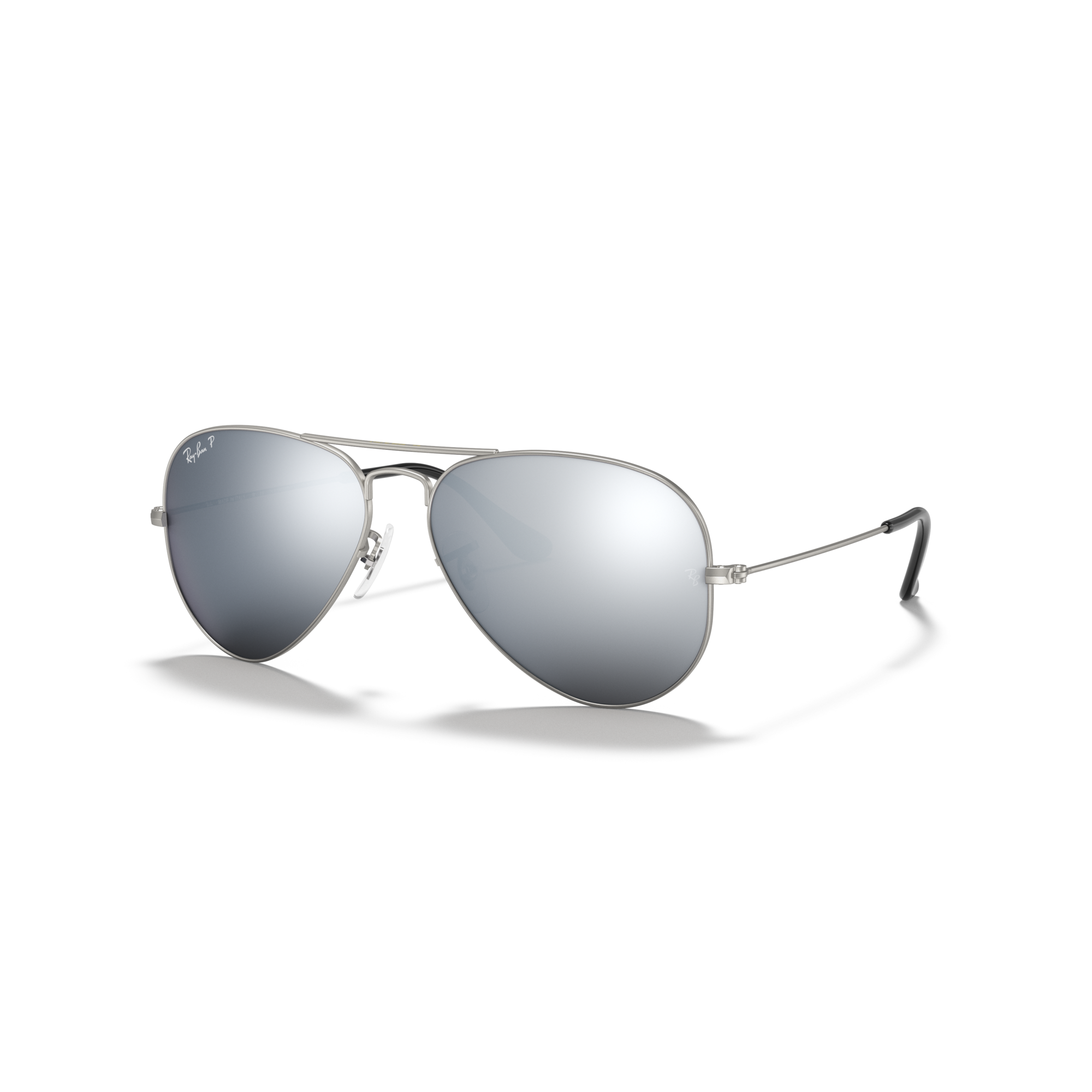 Aviator sunglasses with silver frame and reflective lenses on a white background Matte Silver + Dark Grey Mirror Polarised