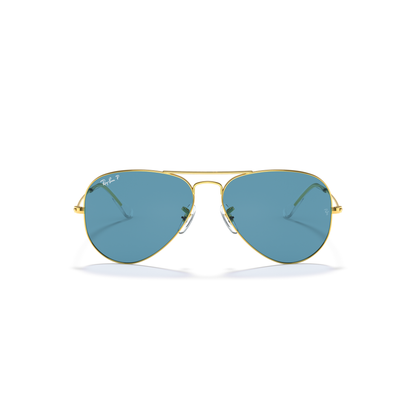 Aviator sunglasses with gold frame and blue lenses on a white background Legend Gold + Blue Polarised