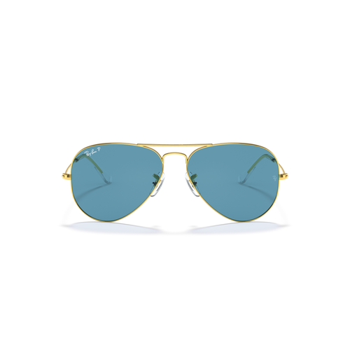 Aviator sunglasses with gold frame and blue lenses on a white background Legend Gold + Blue Polarised