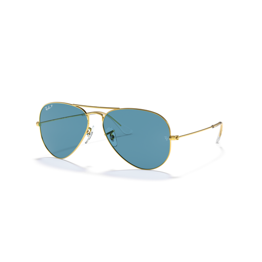 Gold-framed sunglasses with blue lenses on a white background Legend Gold + Blue Polarised