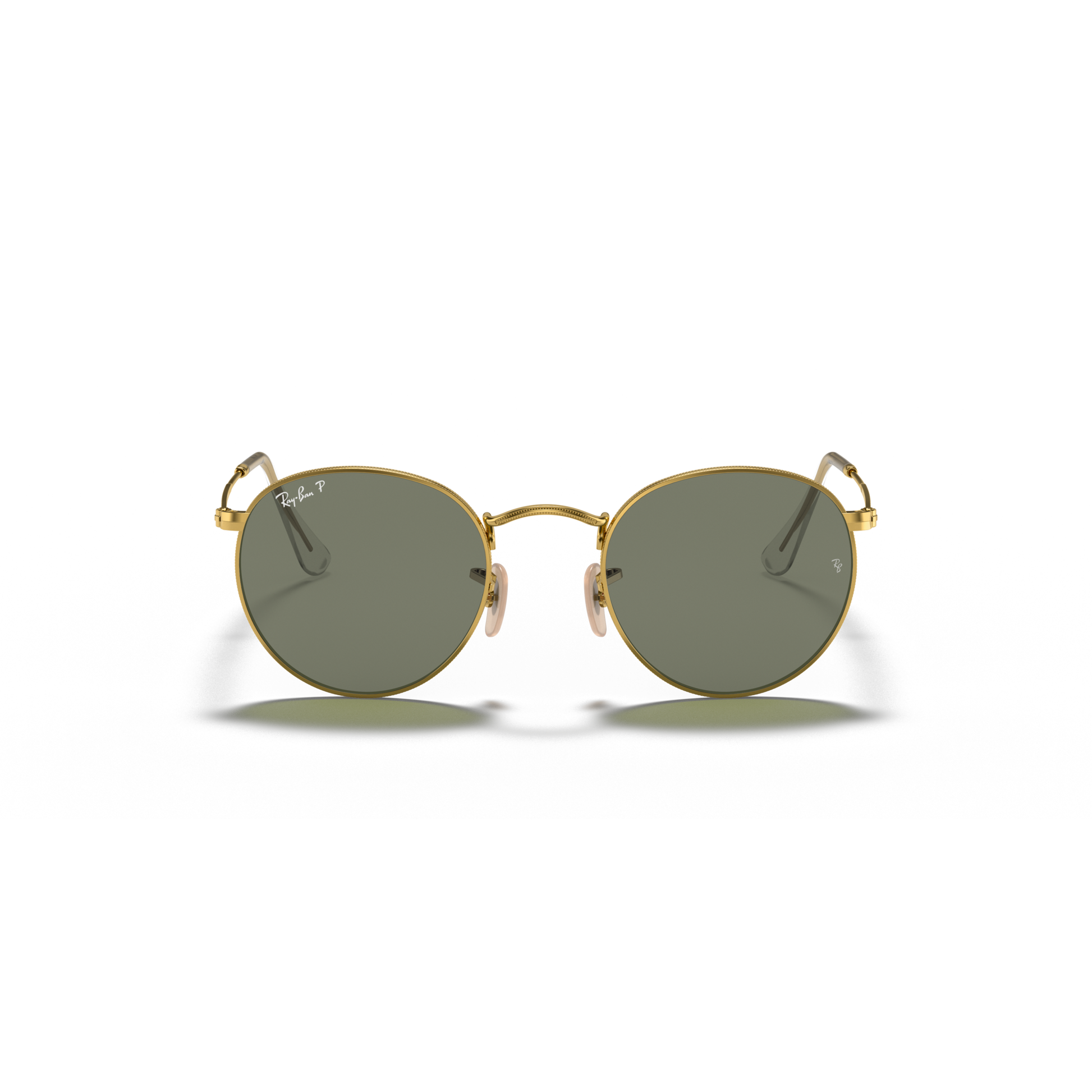 Round sunglasses with gold frame and dark lenses on a white background Polished Arista Gold + G-15 Green Polarised