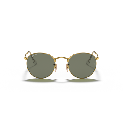 Round sunglasses with gold frame and dark lenses on a white background Polished Arista Gold + G-15 Green Polarised