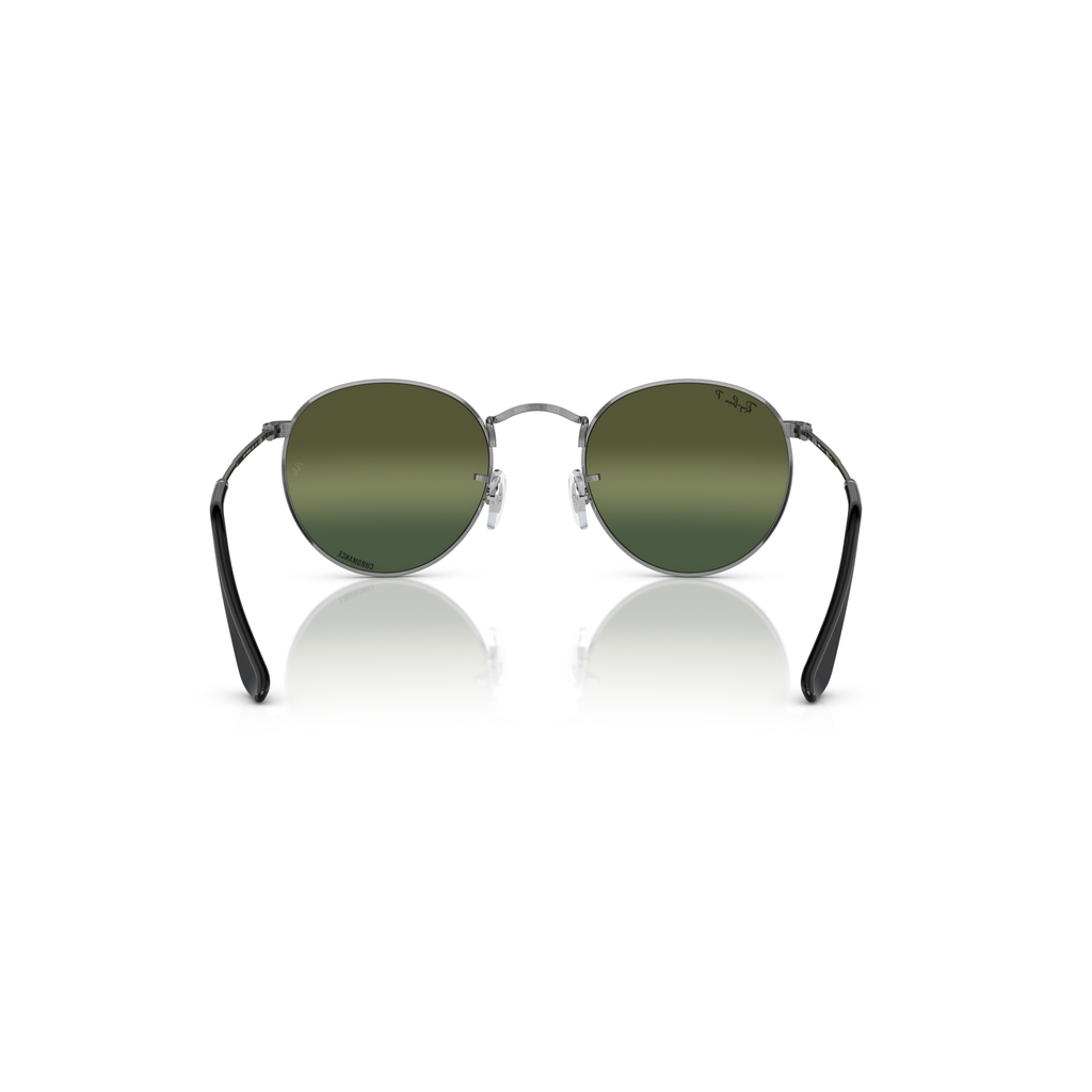 Round sunglasses with green lenses and black frames on a white background Polished Gunmetal + Silver/Green Chromance