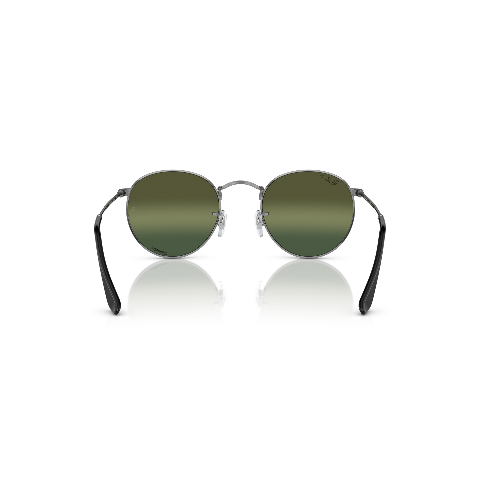 Round sunglasses with green lenses and black frames on a white background Polished Gunmetal + Silver/Green Chromance