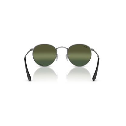 Round sunglasses with green lenses and black frames on a white background Polished Gunmetal + Silver/Green Chromance