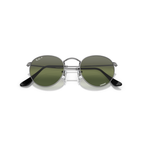 Round sunglasses with green lenses and metal frame on a white background Polished Gunmetal + Silver/Green Chromance