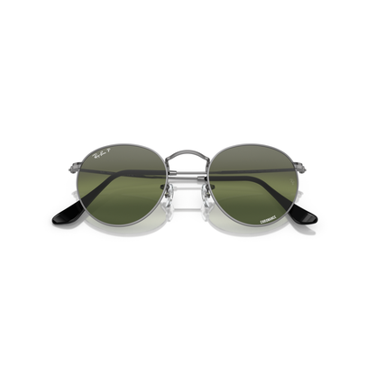 Round sunglasses with green lenses and metal frame on a white background Polished Gunmetal + Silver/Green Chromance