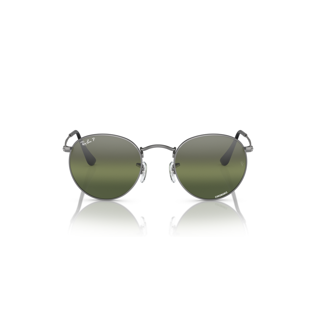 Round sunglasses with green lenses on a white background Polished Gunmetal + Silver/Green Chromance