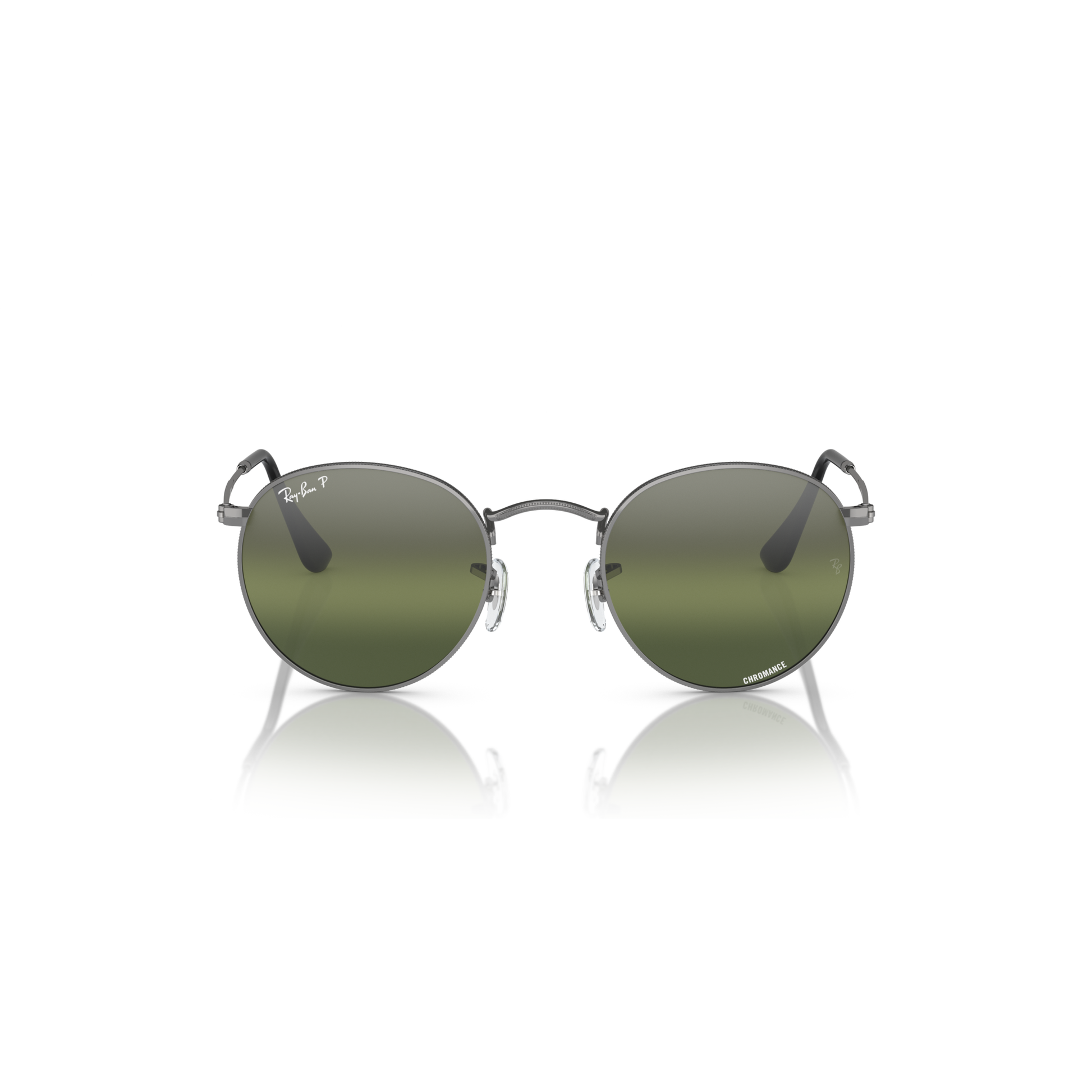 Round sunglasses with green lenses on a white background Polished Gunmetal + Silver/Green Chromance