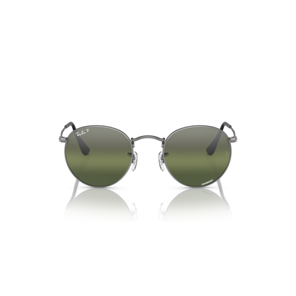 Round sunglasses with green lenses on a white background Polished Gunmetal + Silver/Green Chromance
