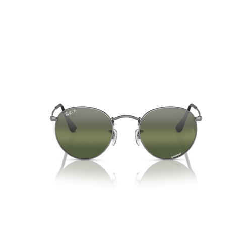 Round sunglasses with green lenses on a white background Polished Gunmetal + Silver/Green Chromance