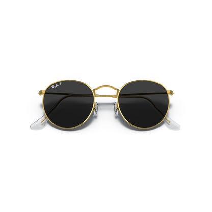 Round sunglasses with gold frame and black lenses on a white background Polished Gold + Black Polarised