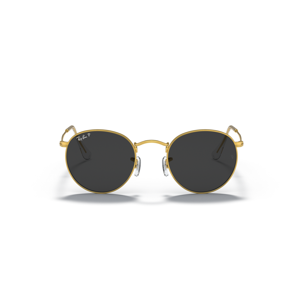 Round sunglasses with gold frame and dark lenses on a white background Polished Gold + Black Polarised