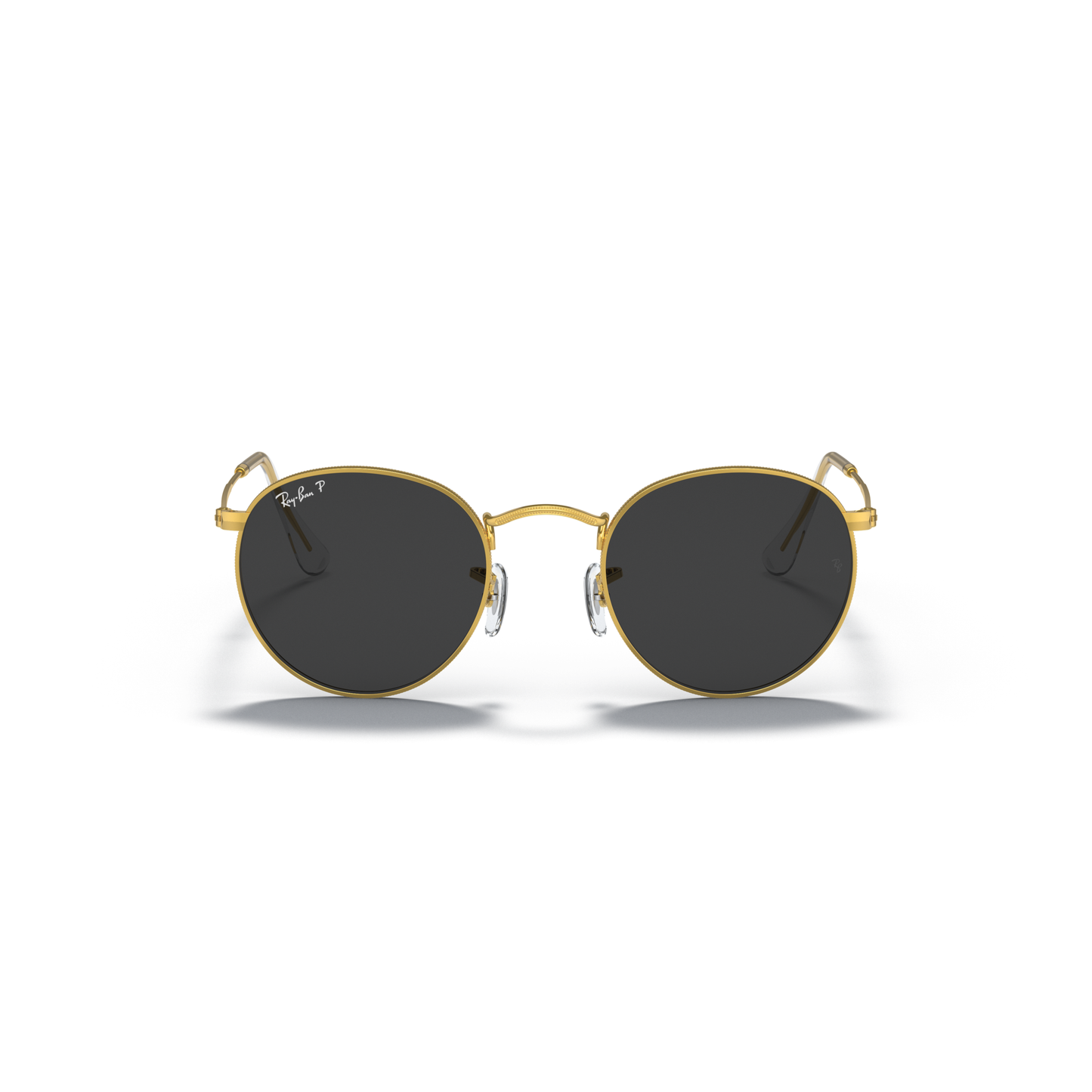 Round sunglasses with gold frame and dark lenses on a white background Polished Gold + Black Polarised