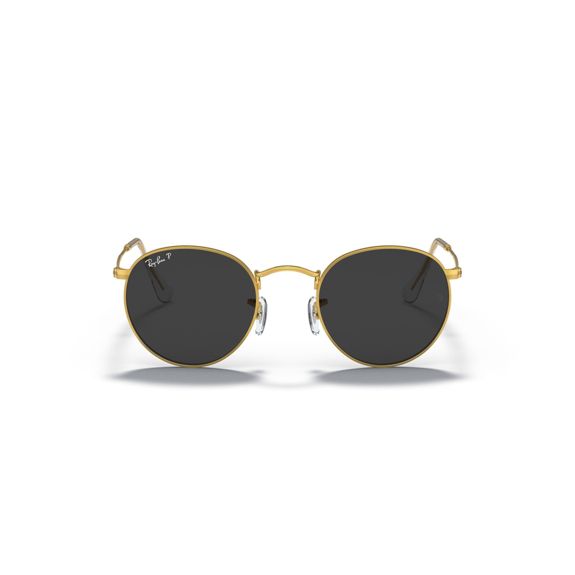 Round sunglasses with gold frame and dark lenses on a white background Polished Gold + Black Polarised