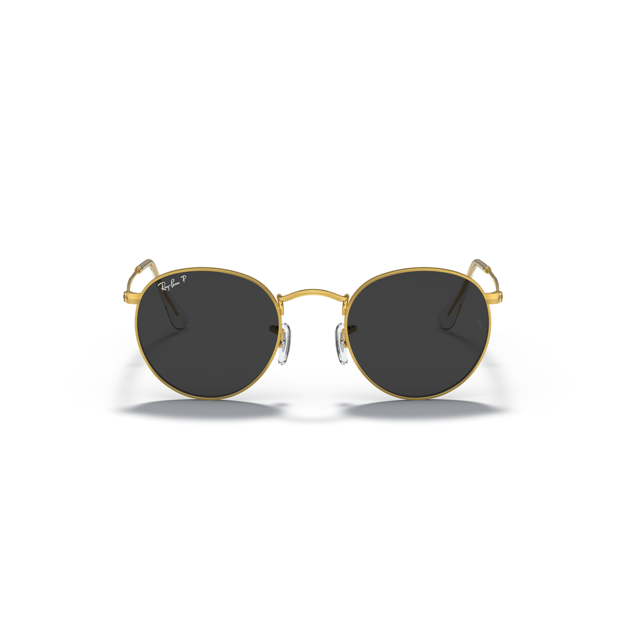 Round sunglasses with gold frame and dark lenses on a white background Polished Gold + Black Polarised