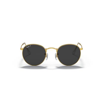 Round sunglasses with gold frame and dark lenses on a white background Polished Gold + Black Polarised