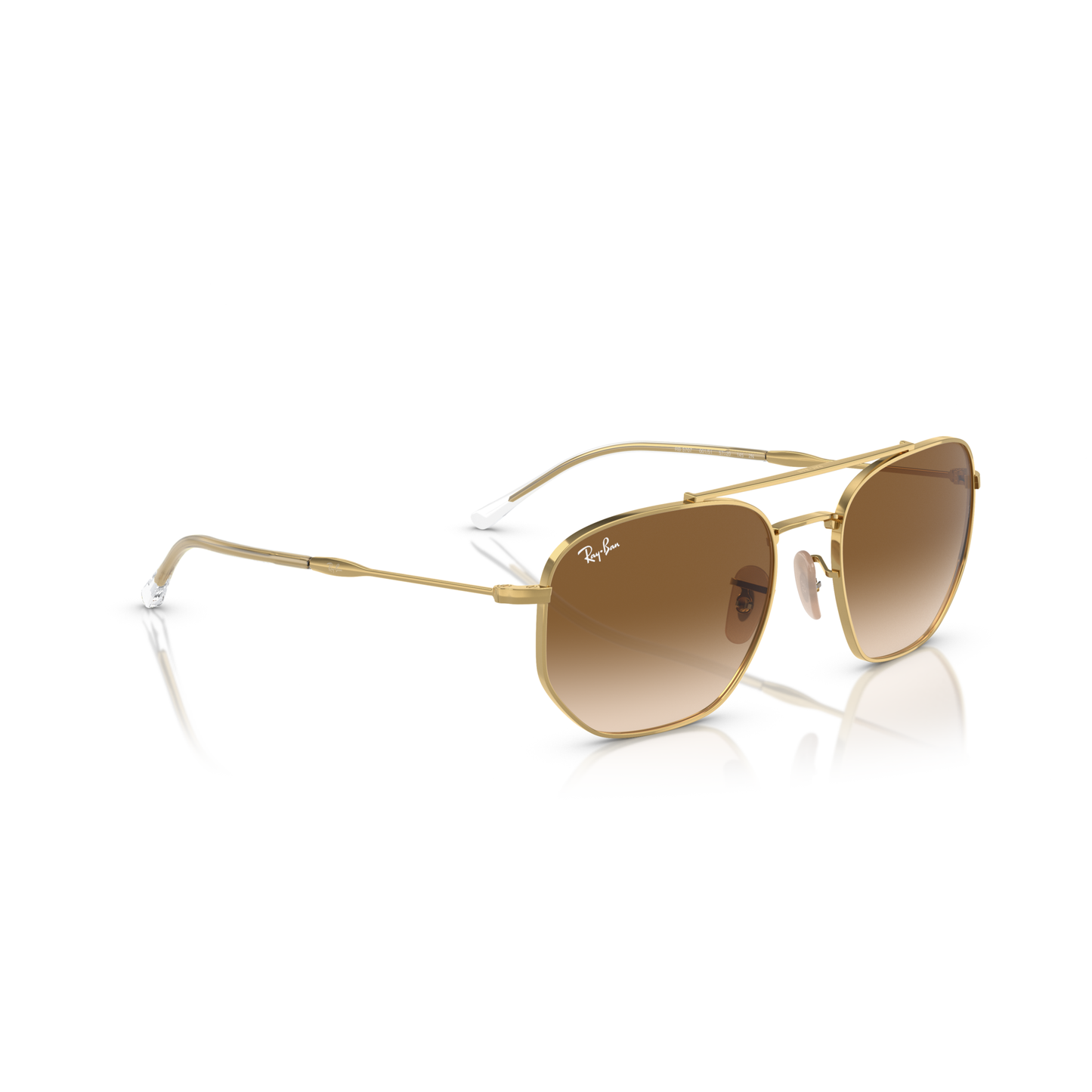 Gold-framed sunglasses with a Ray-Ban logo on a white background Polished Arista Gold + Clear Gradient Brown