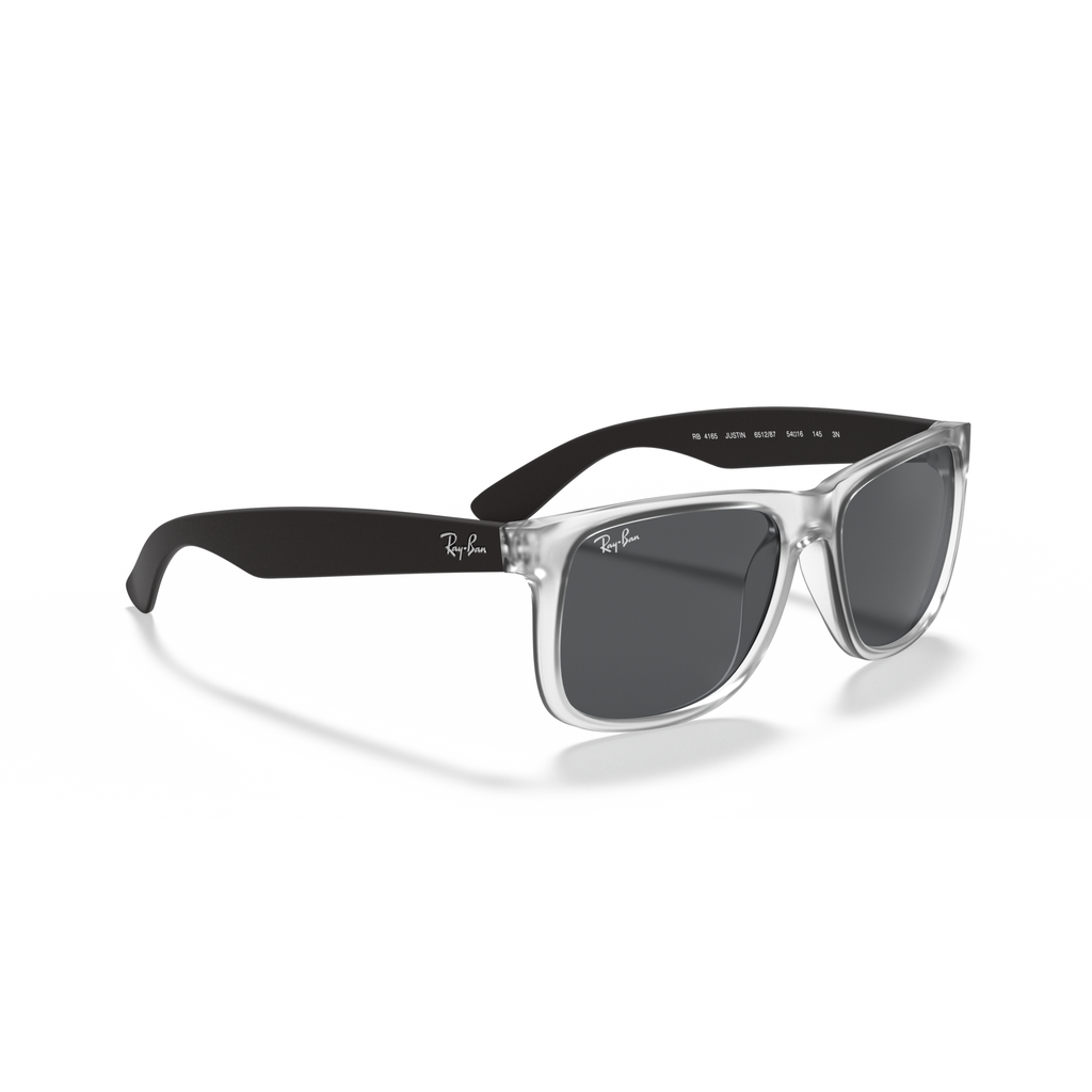 Ray-Ban sunglasses with black frame and clear arms on a white background Rubber Transparent + Dark Grey