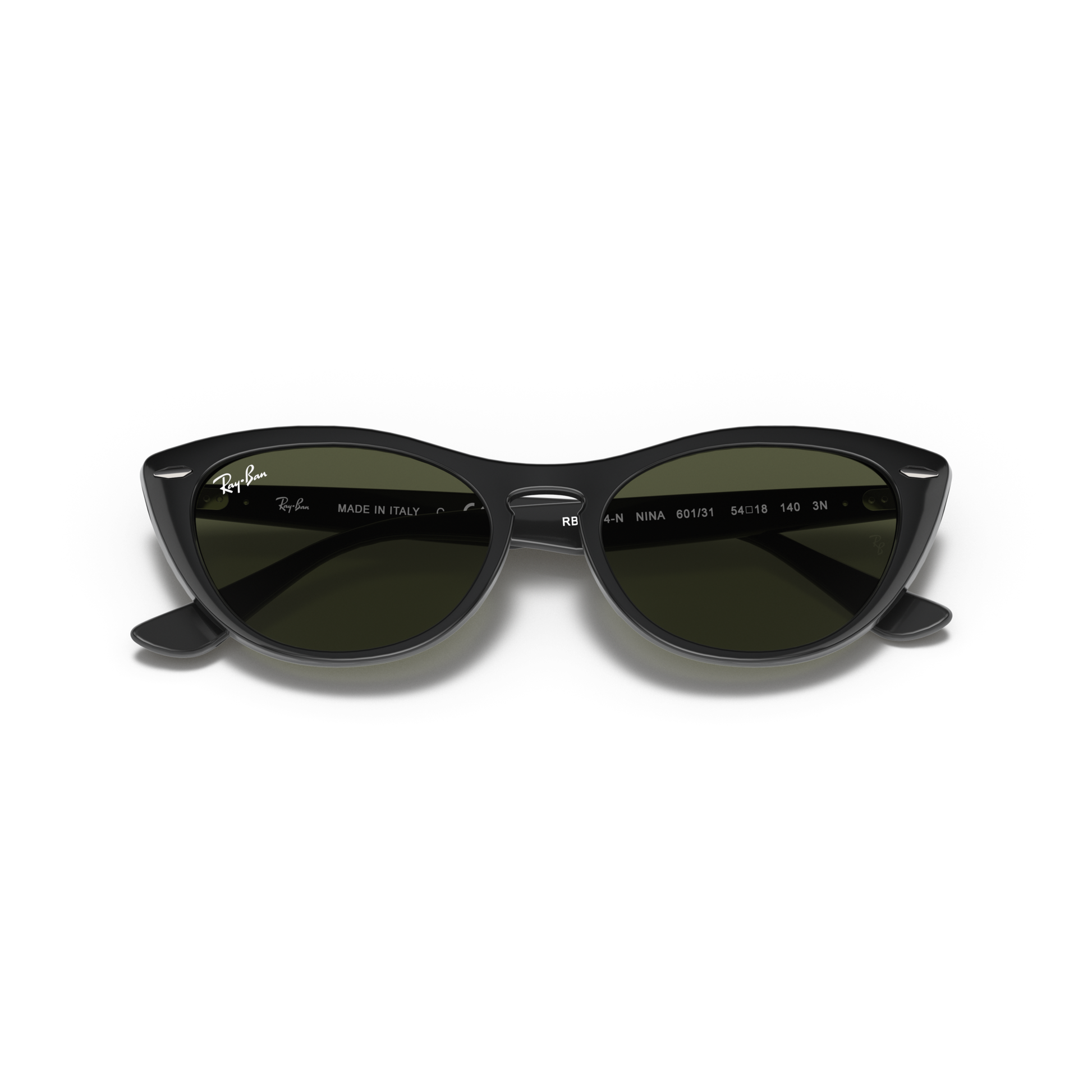 Black cat-eye sunglasses with 'Ray-Ban' branding on a white background Polished Black + G-15 Green