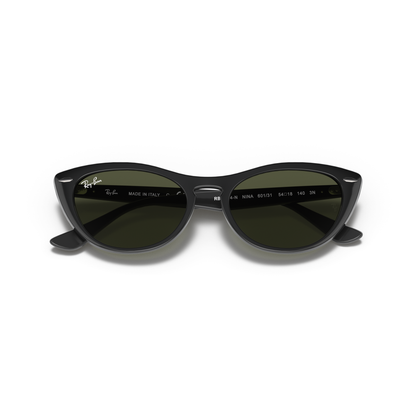 Black cat-eye sunglasses with 'Ray-Ban' branding on a white background Polished Black + G-15 Green