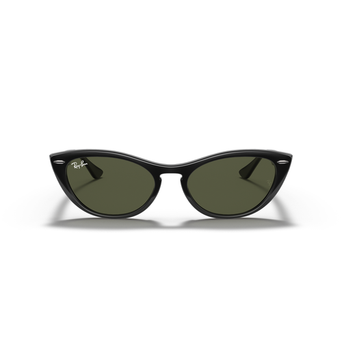 Black cat-eye sunglasses with green lenses on a white background Polished Black + G-15 Green