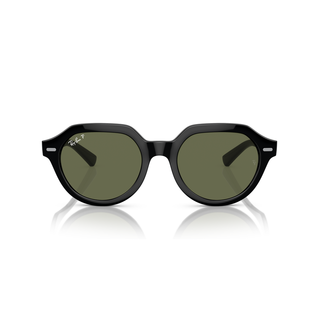 Black sunglasses with green lenses on a white background Polished Black + G-15 Green Polarised