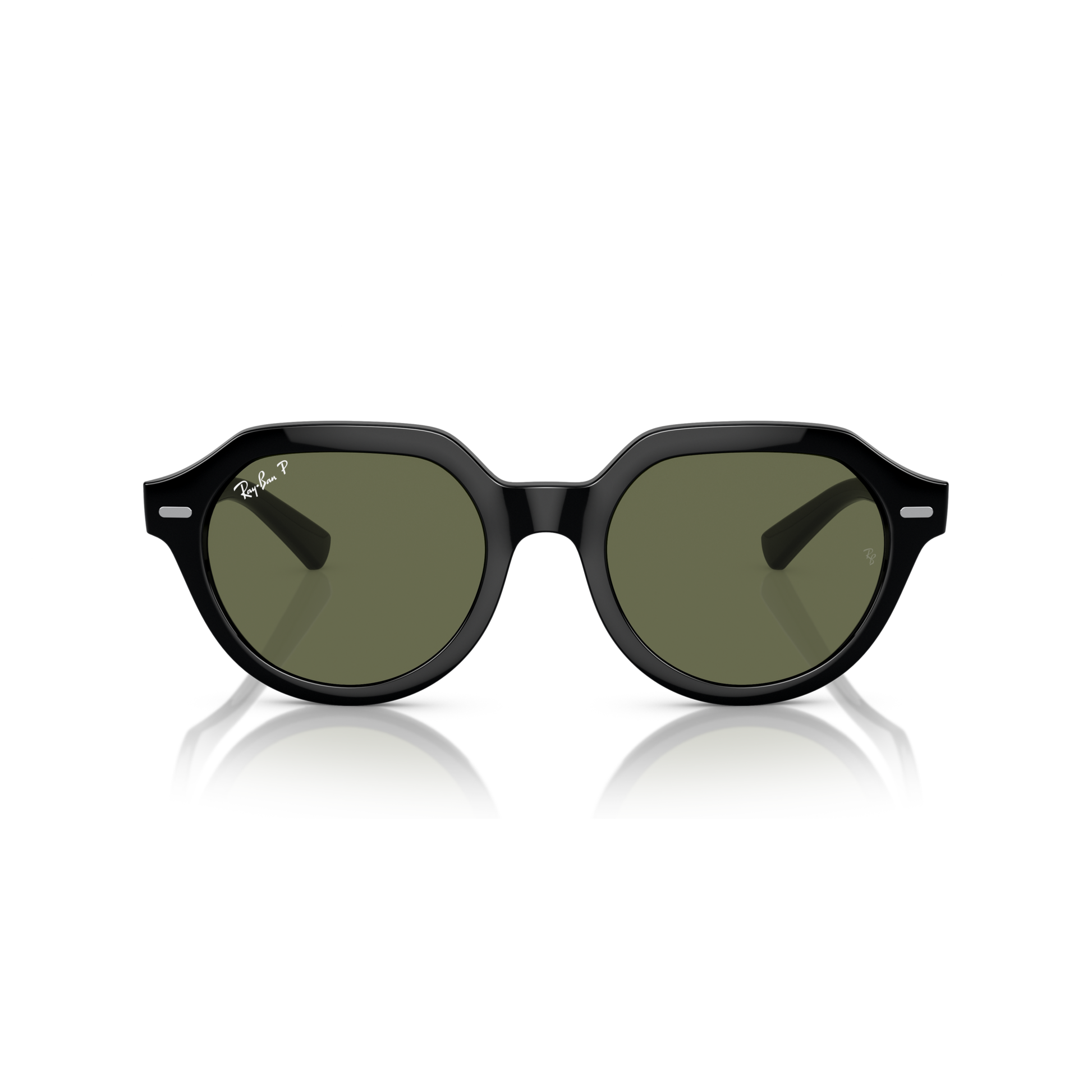 Black sunglasses with green lenses on a white background Polished Black + G-15 Green Polarised