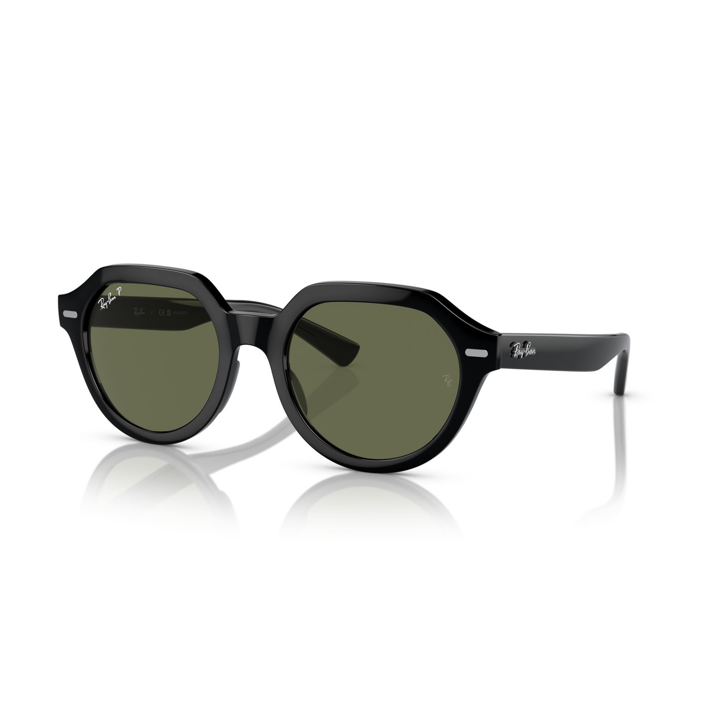 Black sunglasses with a reflective surface on a white background Polished Black + G-15 Green Polarised