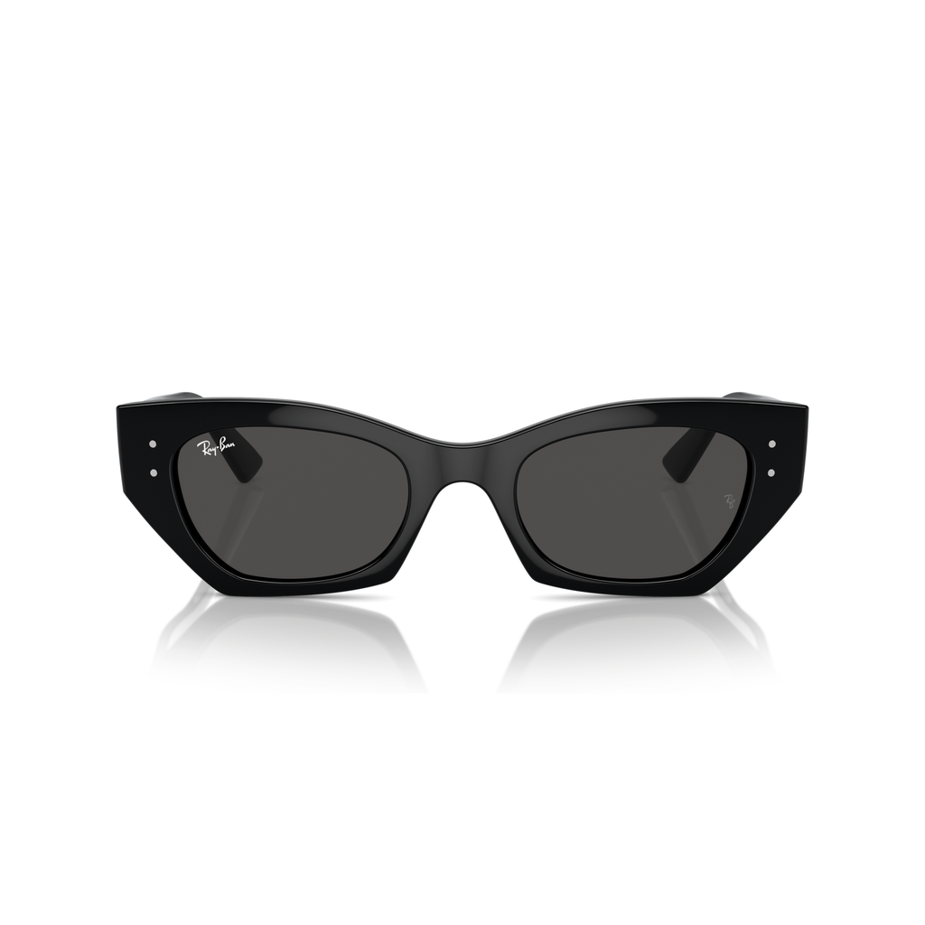 Black cat-eye sunglasses with a reflective surface on a white background Polished Black + Dark Grey