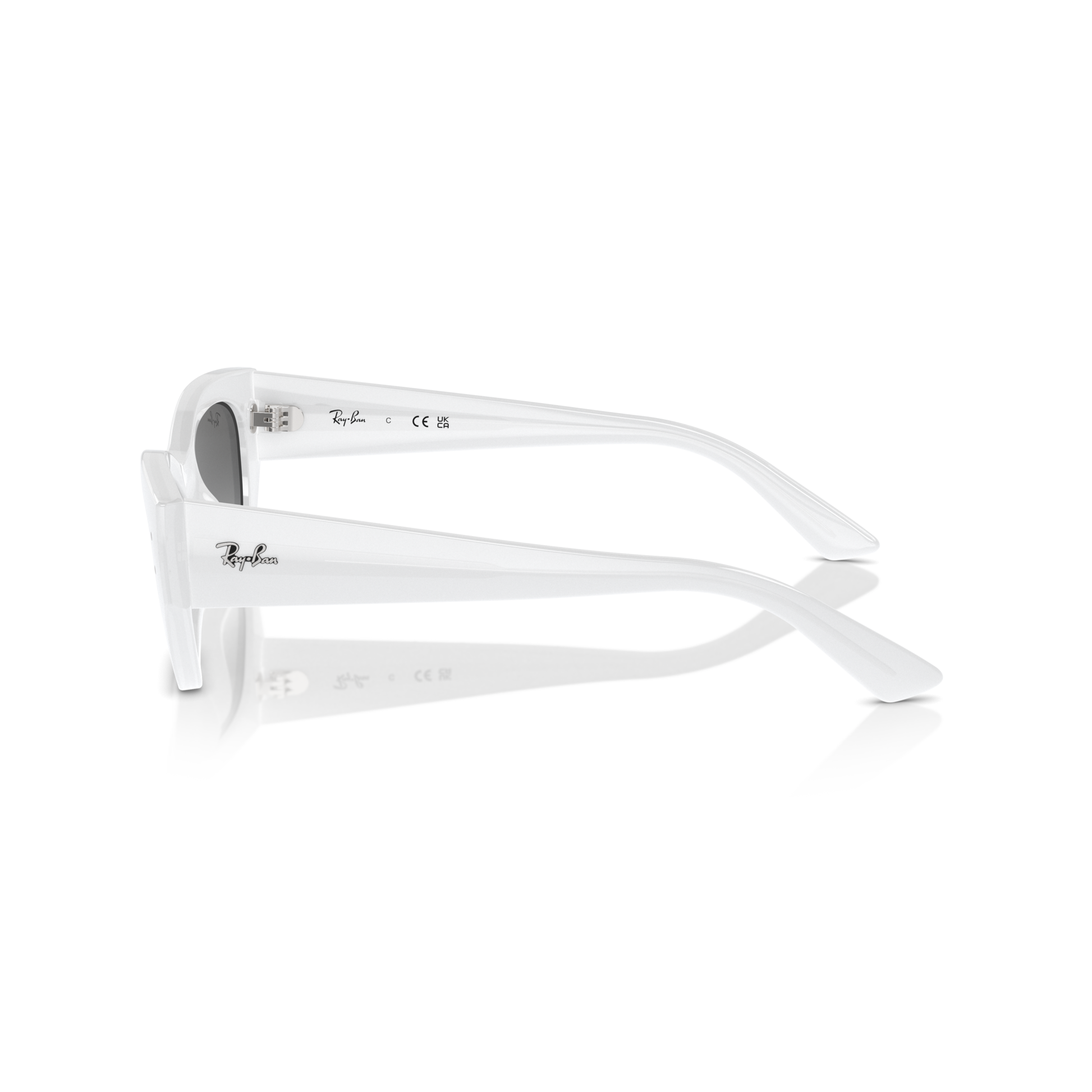 White sunglasses with Ray-Ban logo on a white background Polished White Snow + Grey Gradient