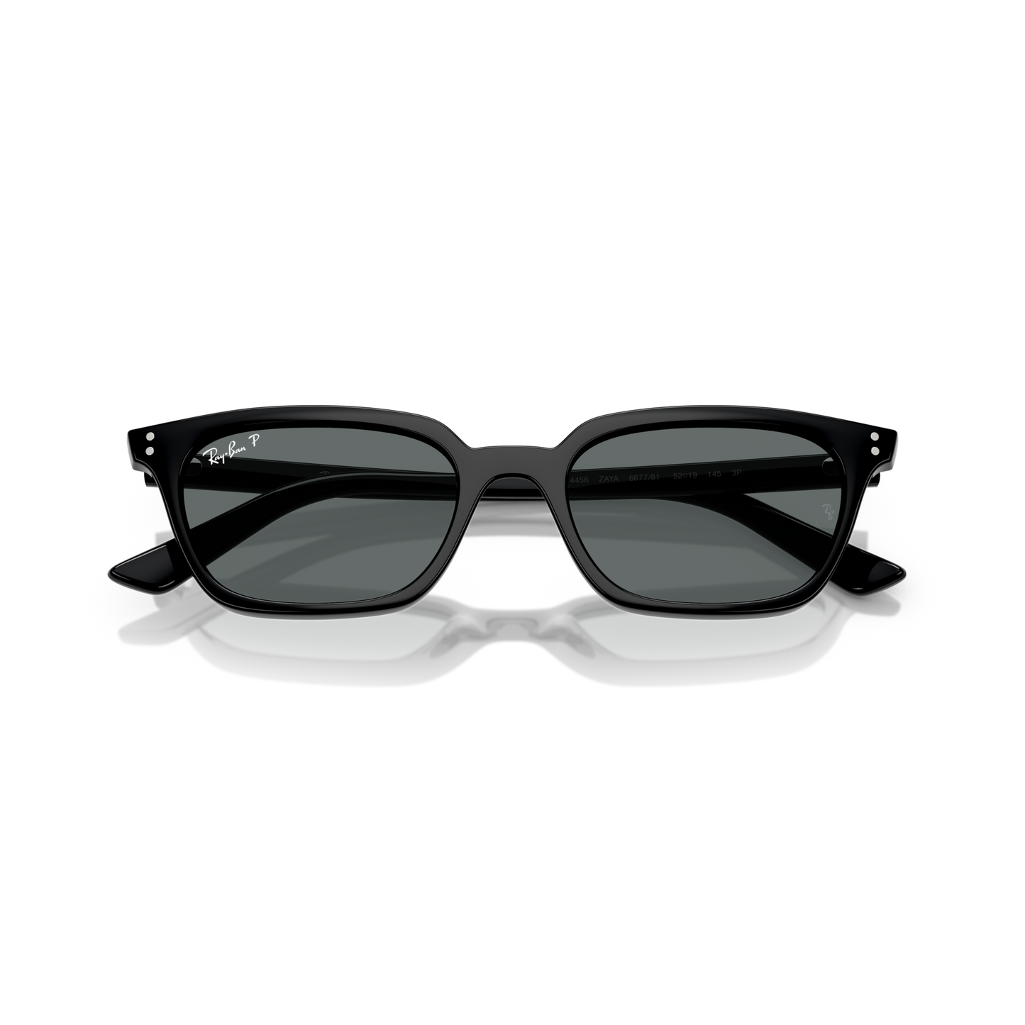 Black sunglasses with a reflective surface on a white background Polished Black + Dark Grey Polarised