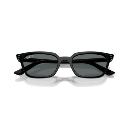 Black sunglasses with a reflective surface on a white background Polished Black + Dark Grey Polarised