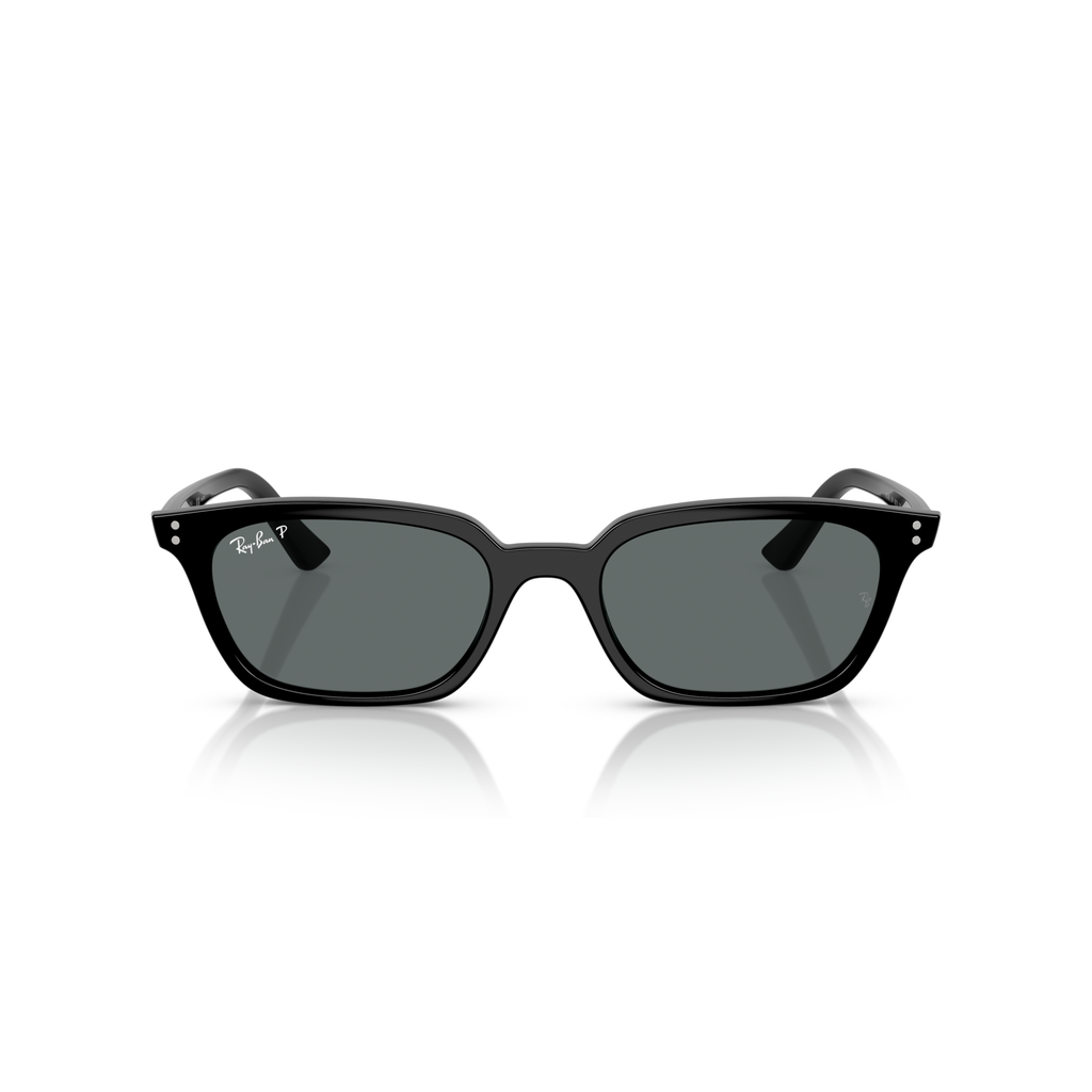 Black sunglasses with a reflective surface on a white background Polished Black + Dark Grey Polarised