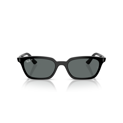 Black sunglasses with a reflective surface on a white background Polished Black + Dark Grey Polarised