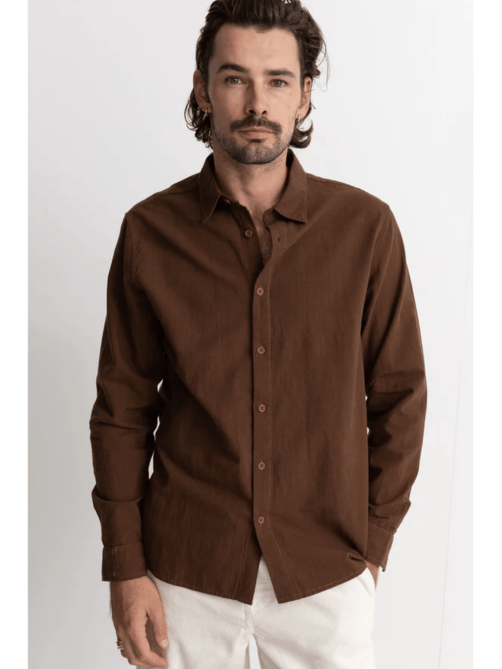 Rhythm - Classic Linen LS Shirt - Chocolate - Velocity 21