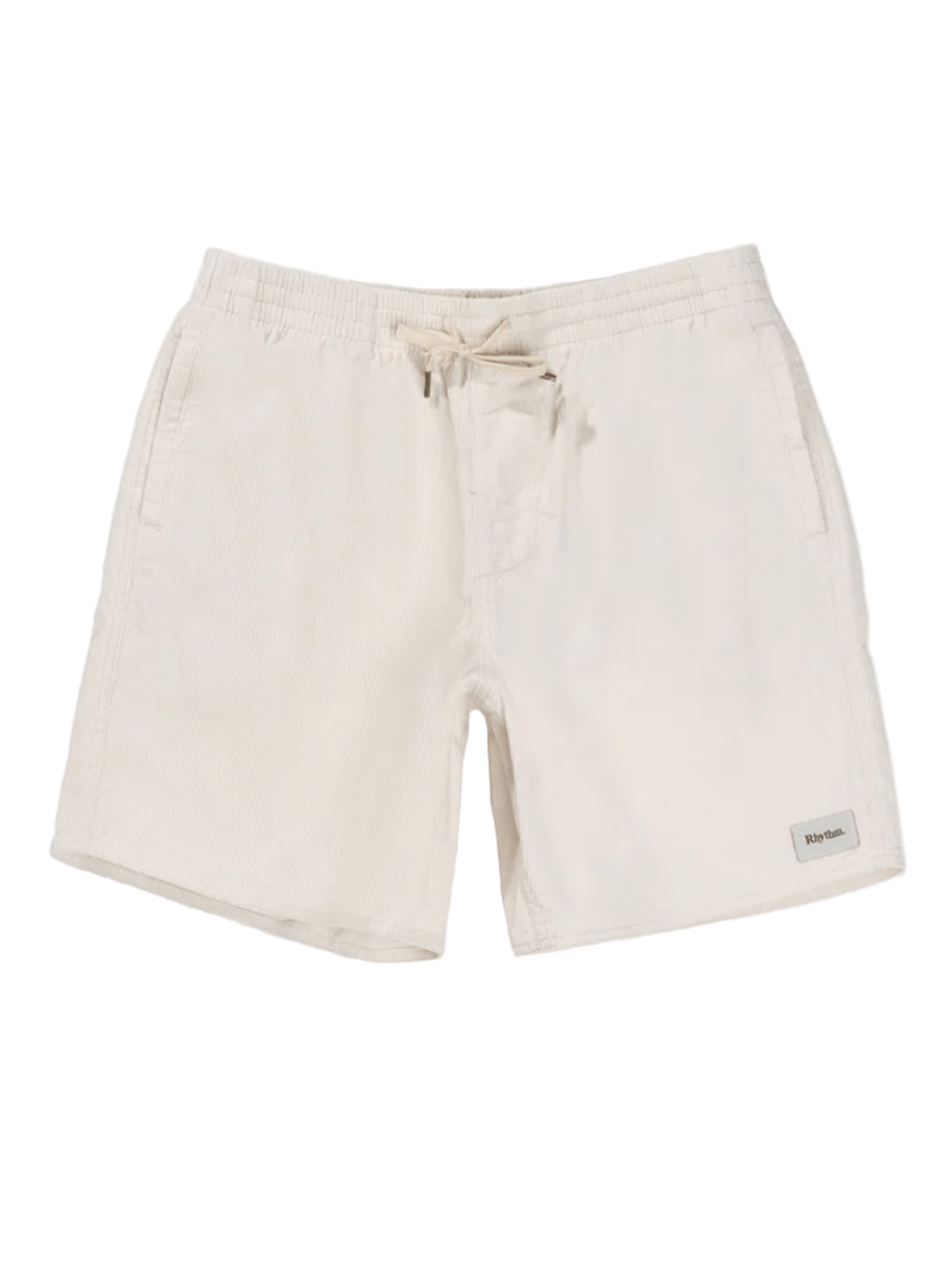 Beige shorts with a brand label on a white background