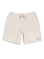 Beige shorts with a brand label on a white background