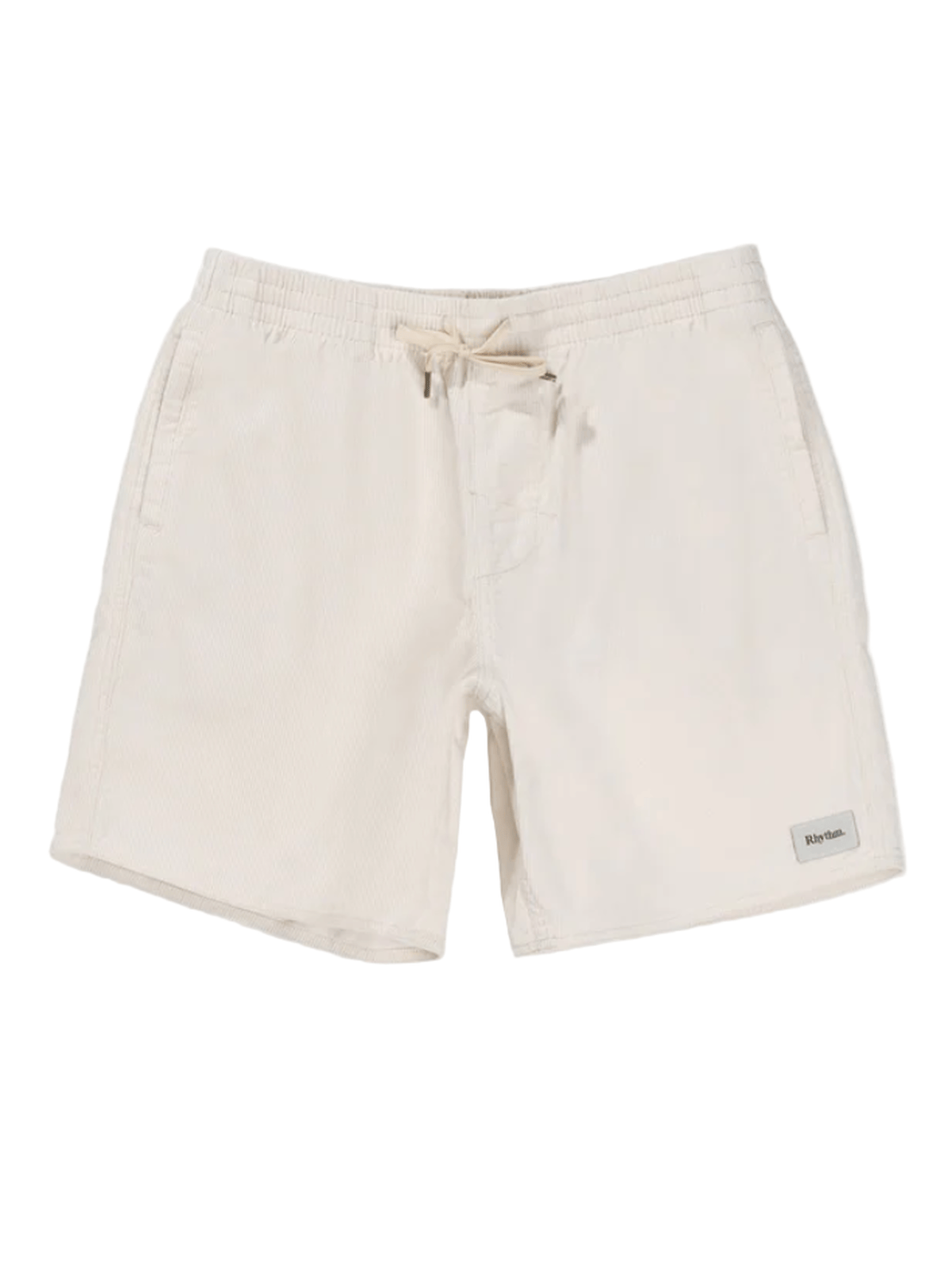 Beige shorts with a brand label on a white background